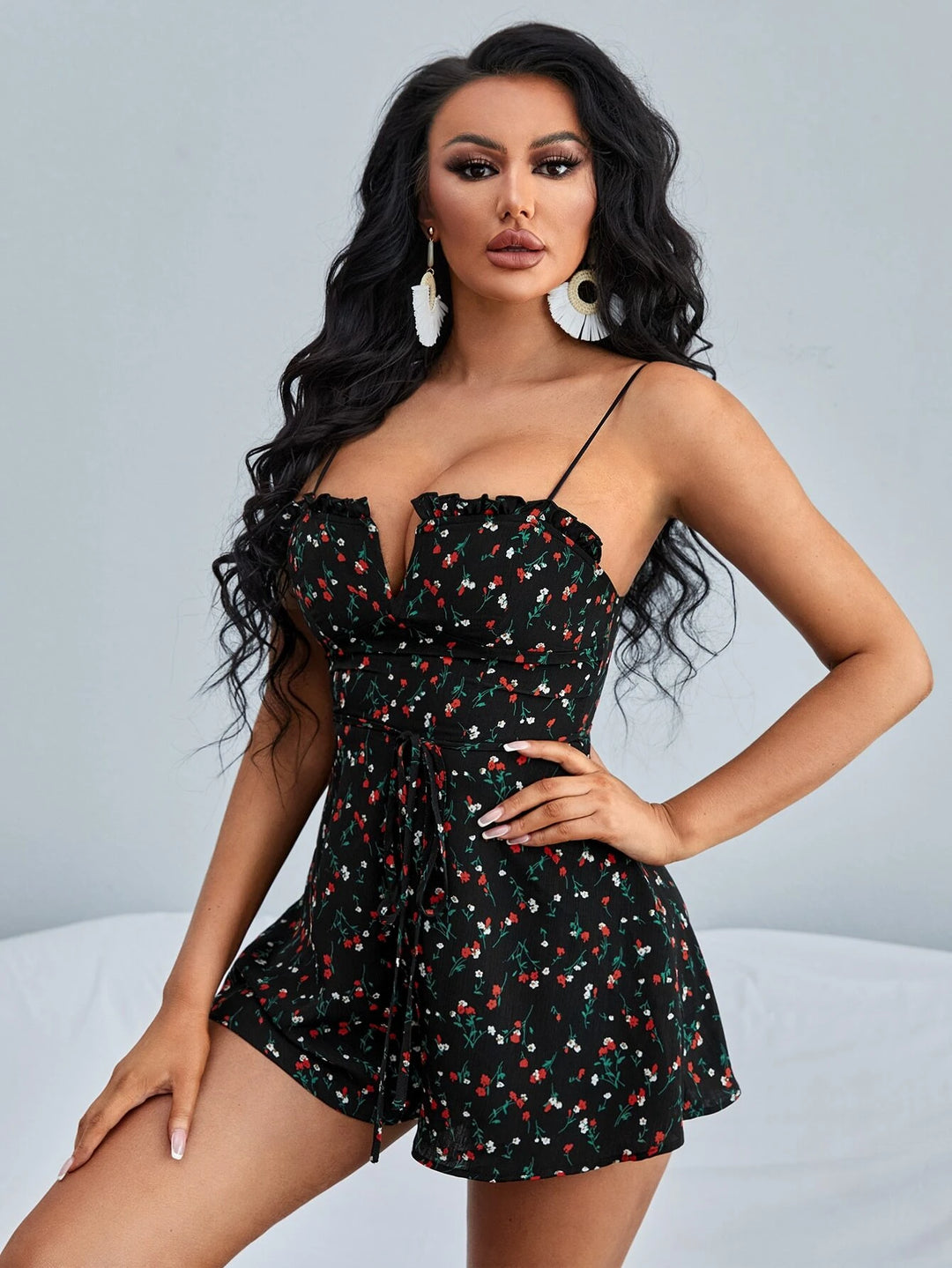 Floral Print V Wired Frill Trim Belted Cami Romper