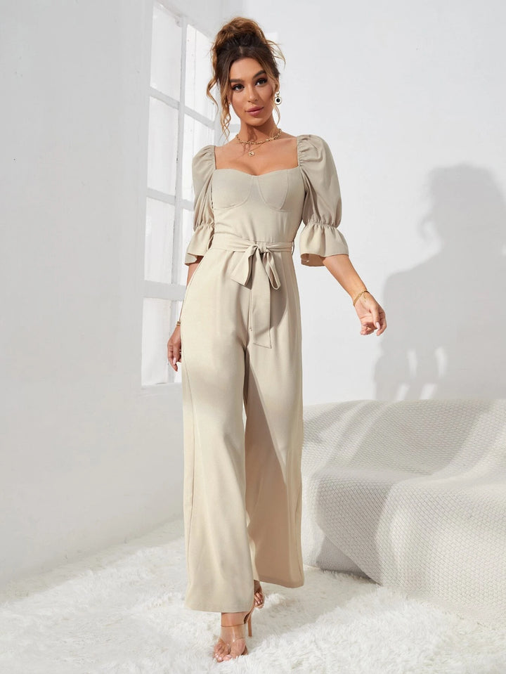 Half Sleeve Belted Wide Leg Jumpsuit