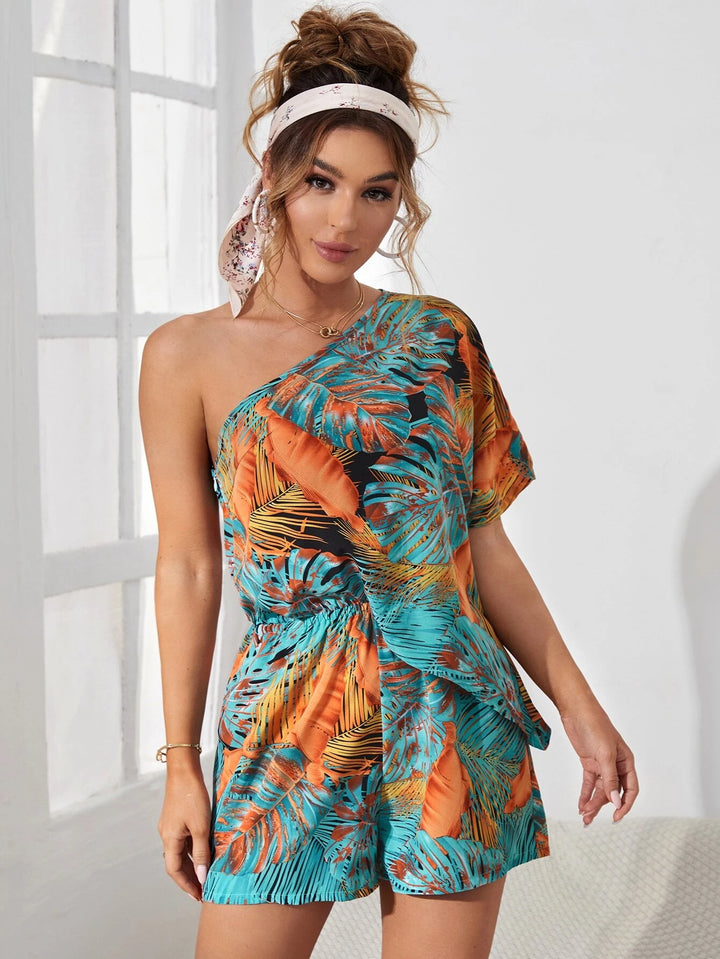 Tropical Pattern Batwing Sleeve Romper