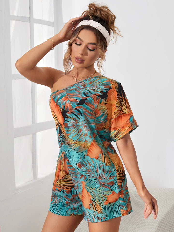 Tropical Pattern Batwing Sleeve Romper