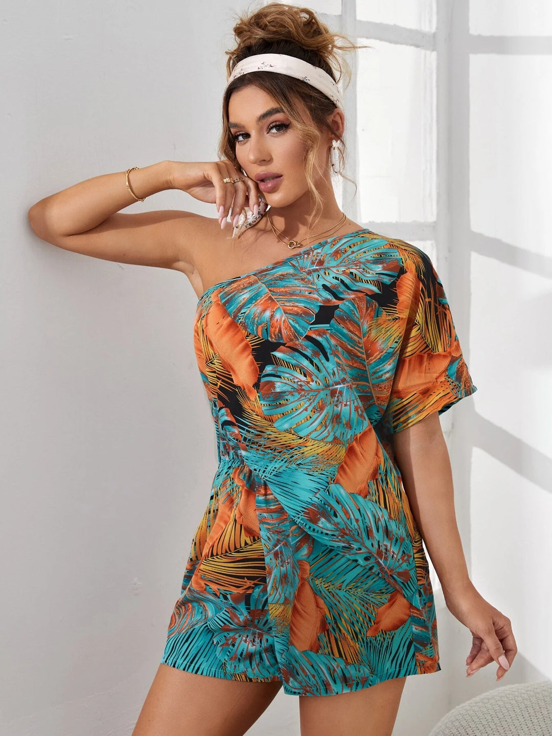 Tropical Pattern Batwing Sleeve Romper