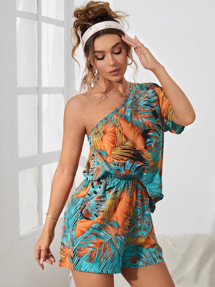 Tropical Pattern Batwing Sleeve Romper