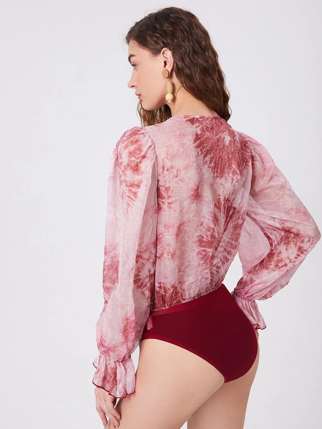 Flounce Sleeve Pink Bodysuit Without Panty