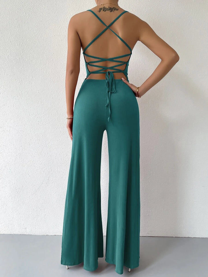 Lace Up Tied Backless Wide Leg Jumpsuit