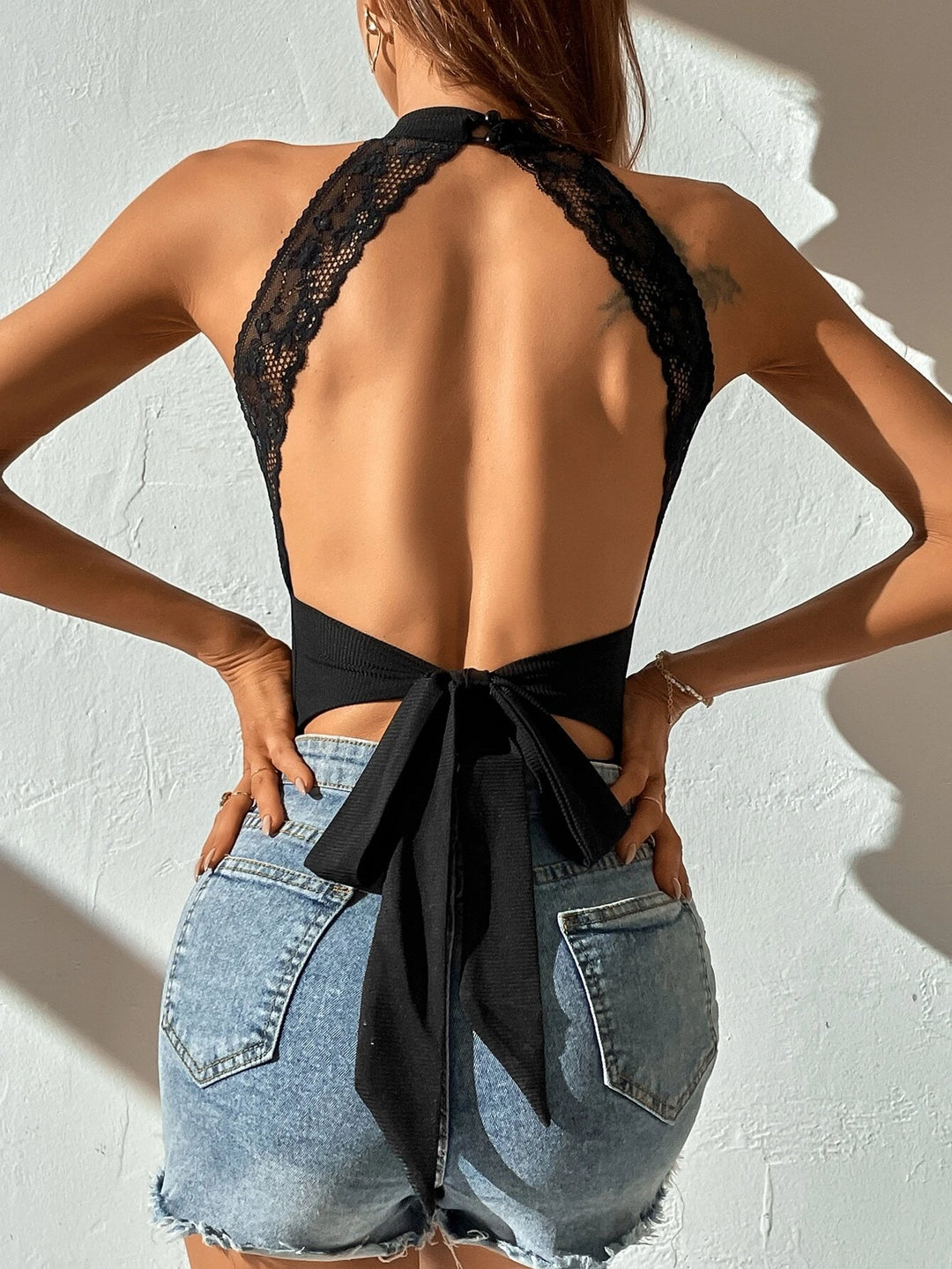 Rib Knit Contrast Lace Backless Bodysuit