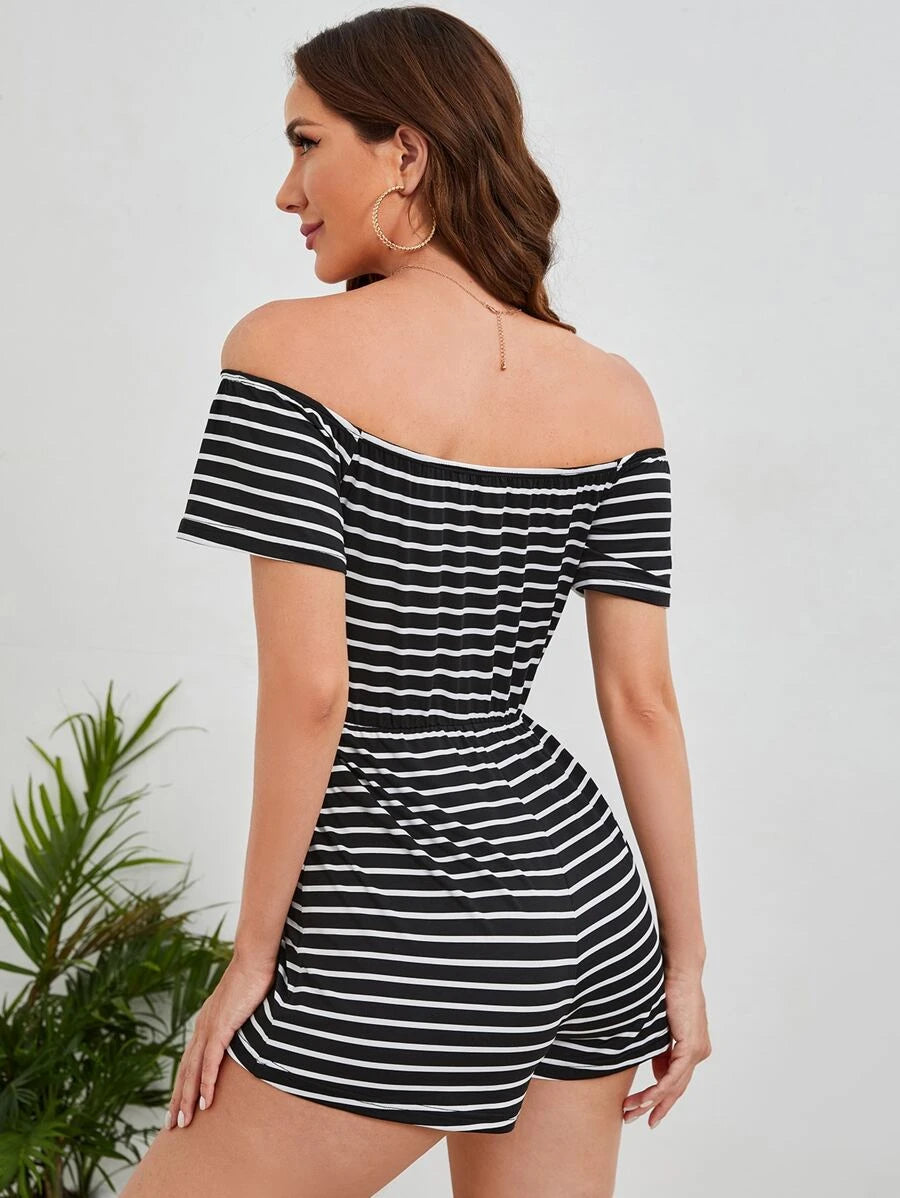 Striped Print Off Shoulder Romper