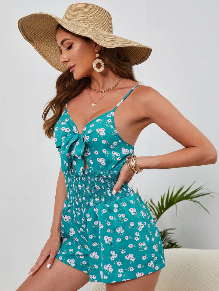 Floral Print Front Shirred Cut Out Cami Romper