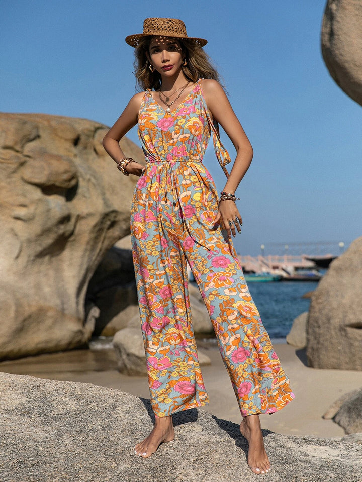 Floral Print Tie Shoulder Sleeveless Jumpsuit