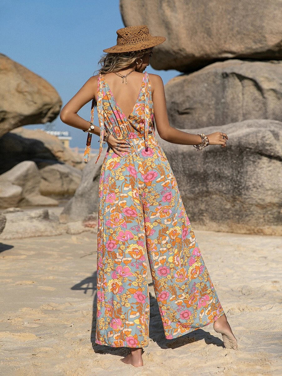 Floral Print Tie Shoulder Sleeveless Jumpsuit