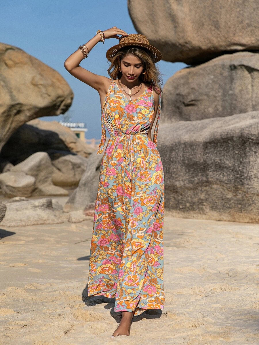 Floral Print Tie Shoulder Sleeveless Jumpsuit