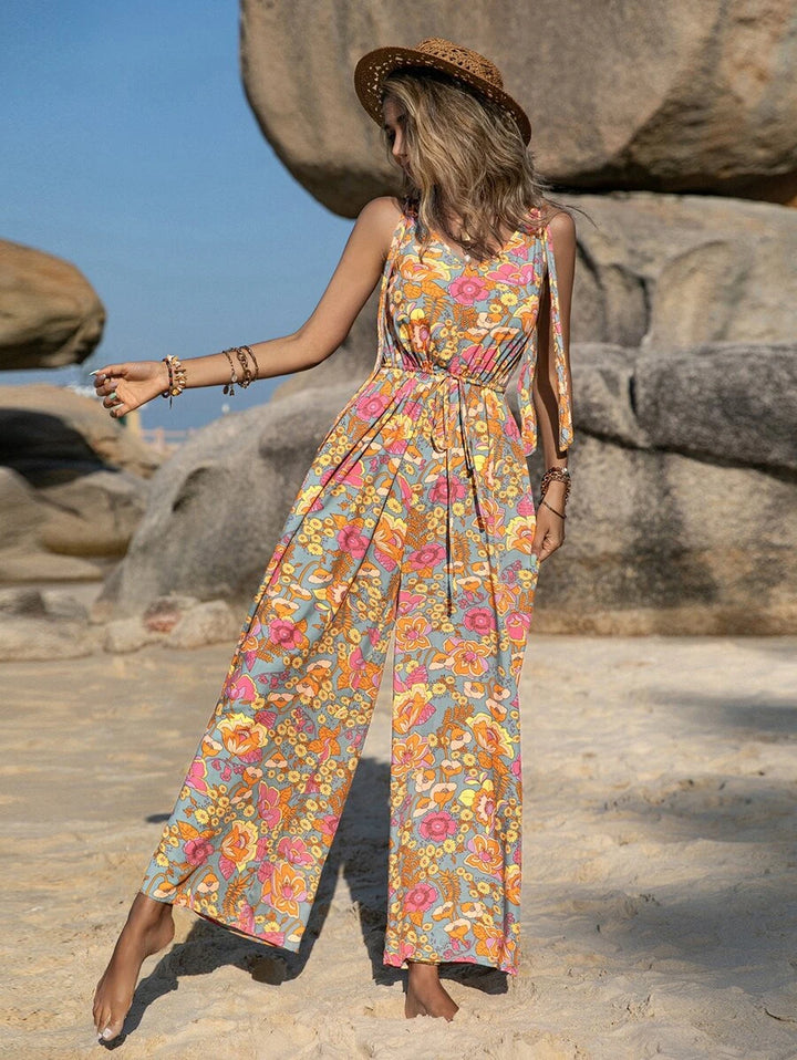 Floral Print Tie Shoulder Sleeveless Jumpsuit