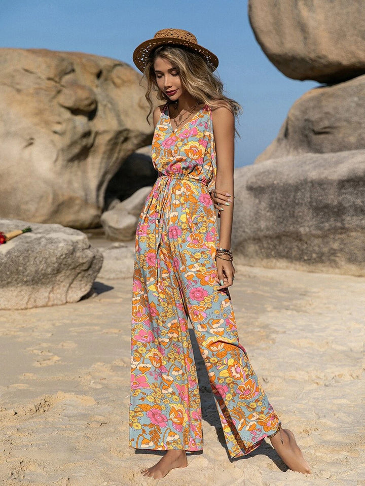 Floral Print Tie Shoulder Sleeveless Jumpsuit