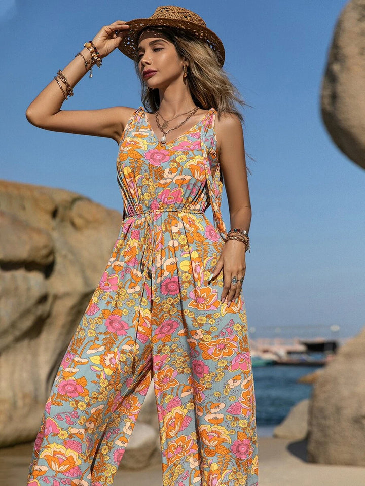 Floral Print Tie Shoulder Sleeveless Jumpsuit