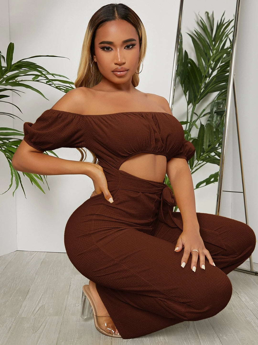 Off Shoulder Puff Sleeve Jumpsuit