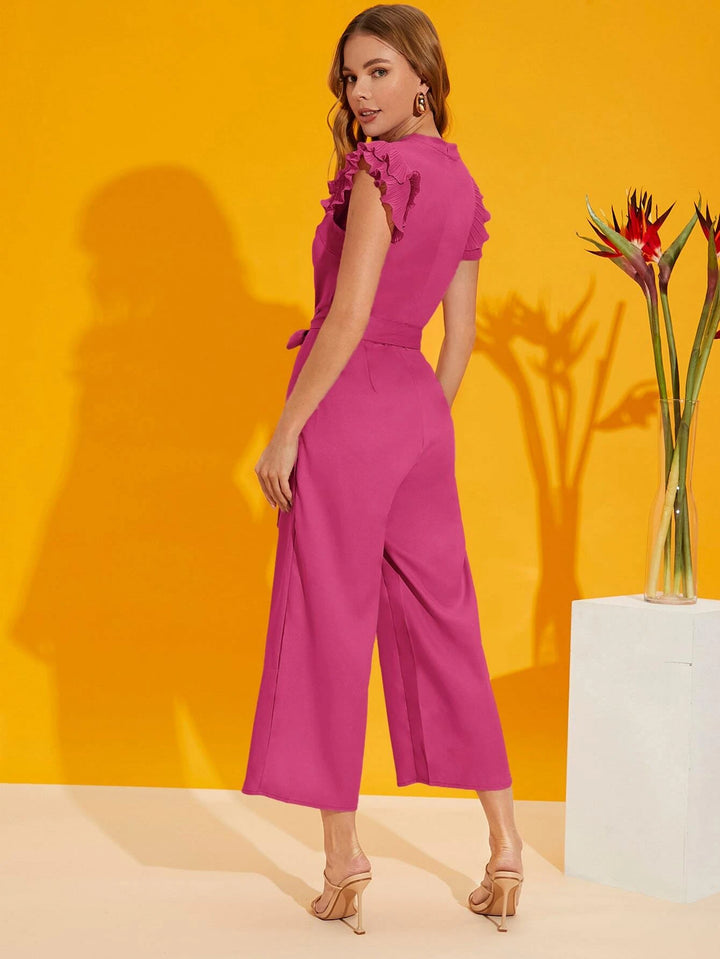 Layered Pleated Sleeve Belted Jumpsuit