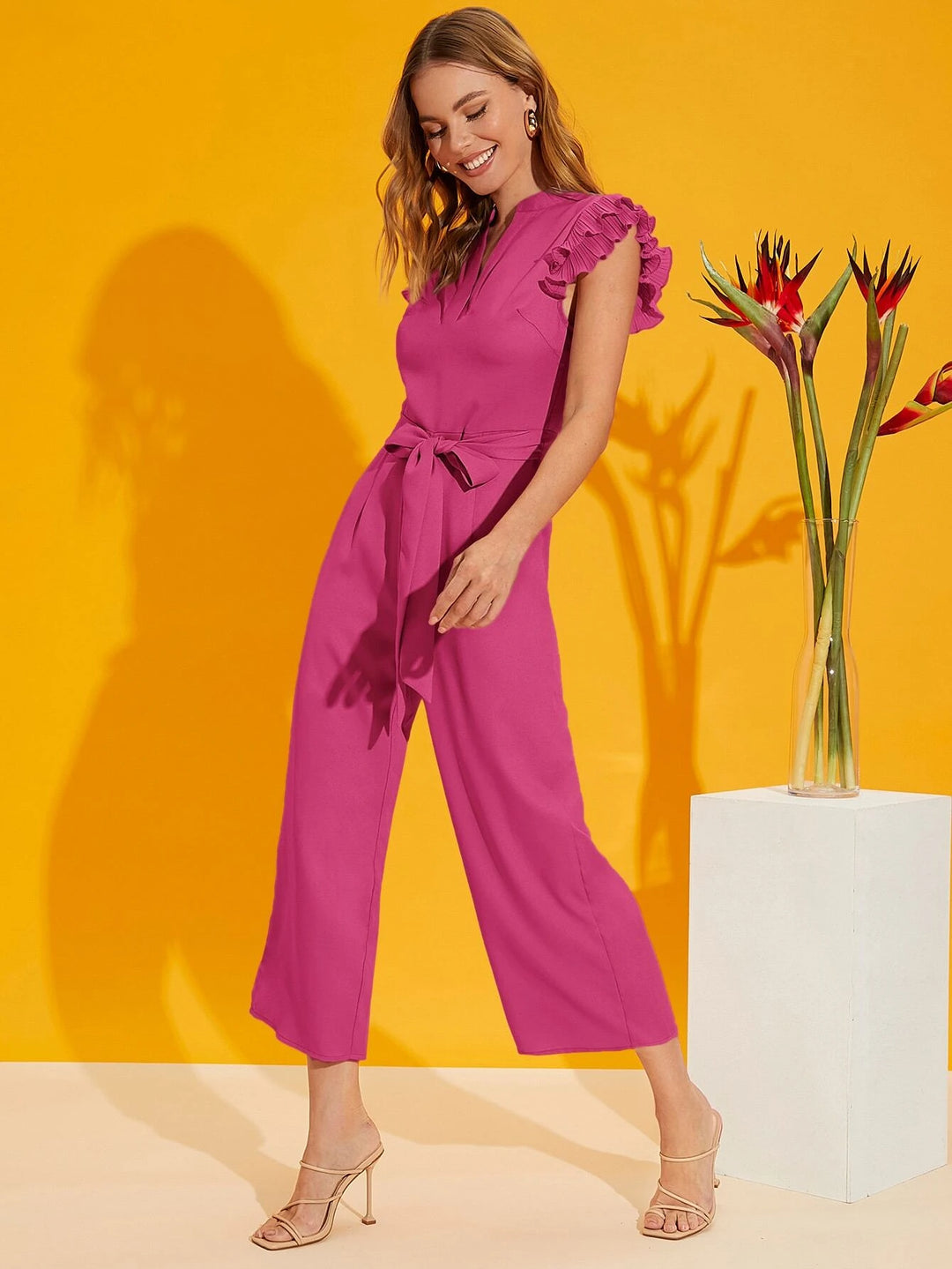 Layered Pleated Sleeve Belted Jumpsuit