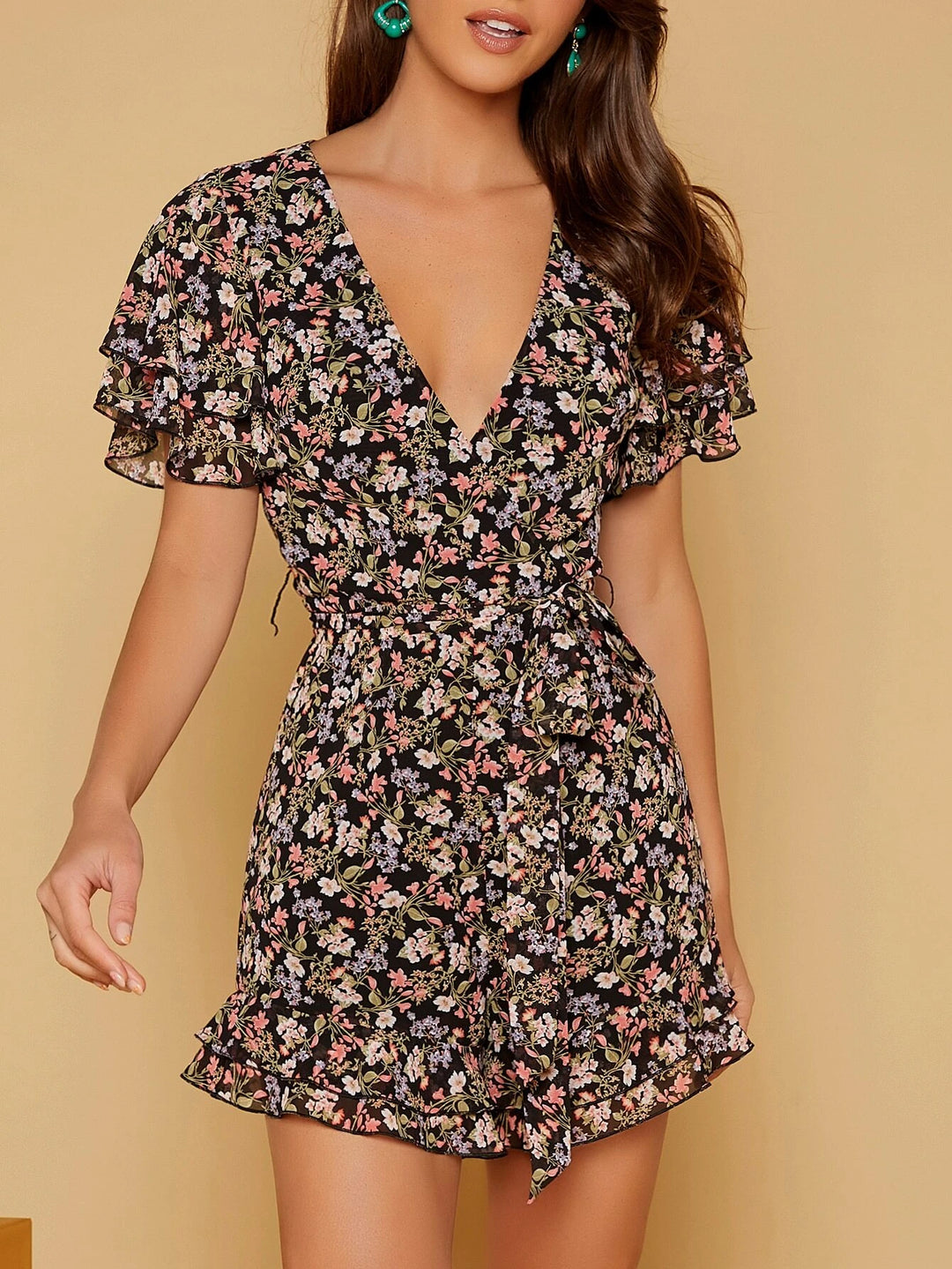 Ruffle Hem Belted Romper