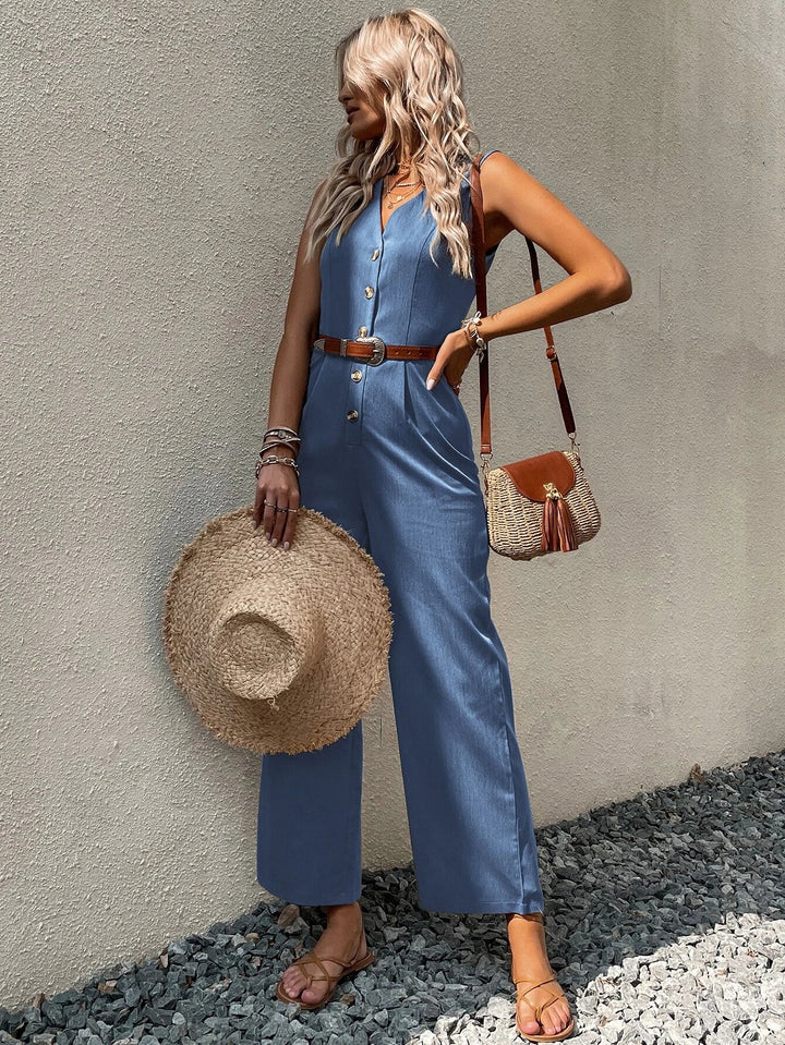 Solid Coloured Button Front Jumpsuit