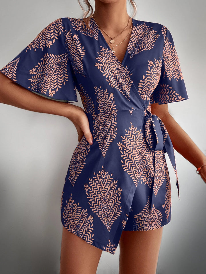 Print Butterfly Sleeve Wrap Tie Side Cut Out Romper