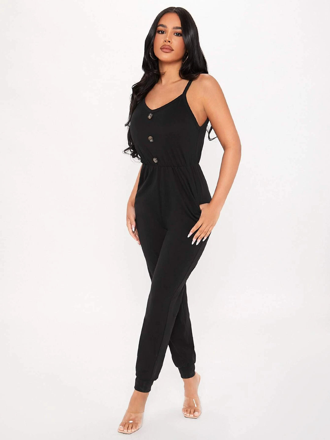 Sleeveless Front Button Cami Jumpsuit With Pockets