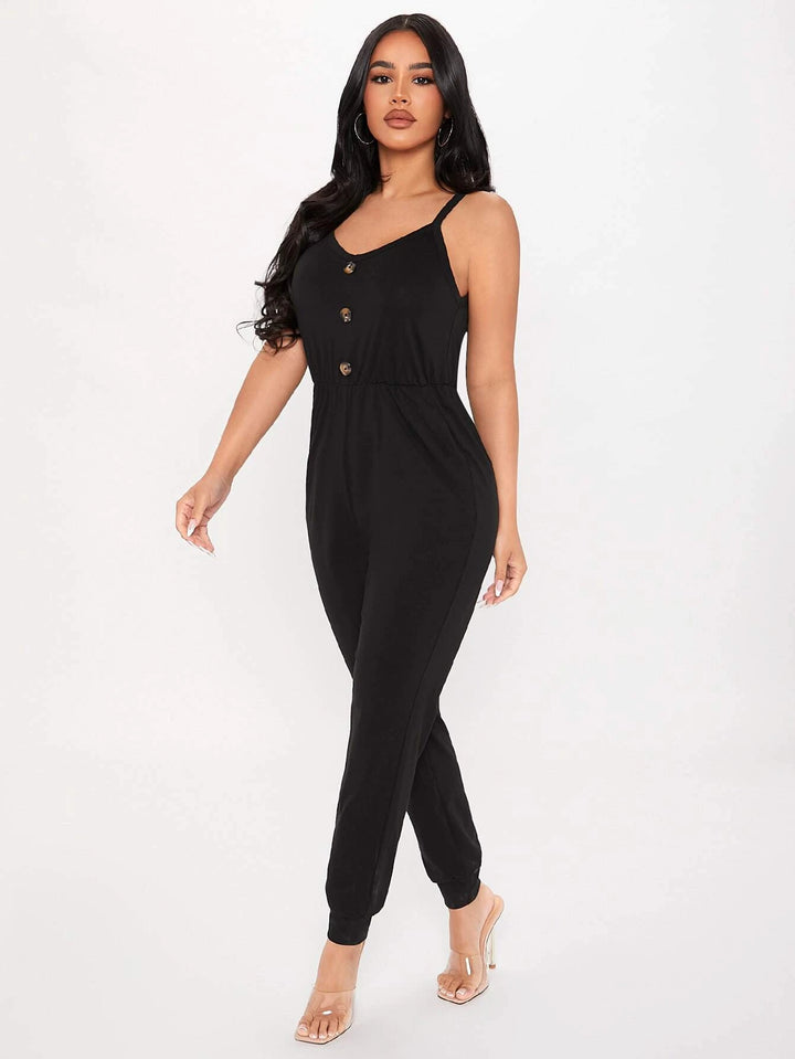 Sleeveless Front Button Cami Jumpsuit With Pockets