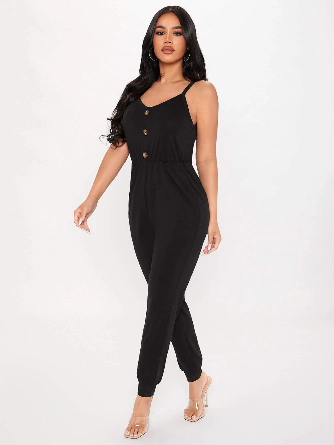 Ärmelloser Cami-Jumpsuit mit Knöpfen vorne und Taschen