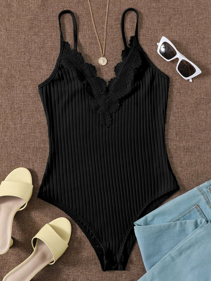 Contrast Lace Ribbed Cami Bodysuit