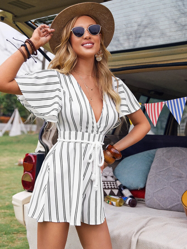 Butterfly Sleeve Belted Romper