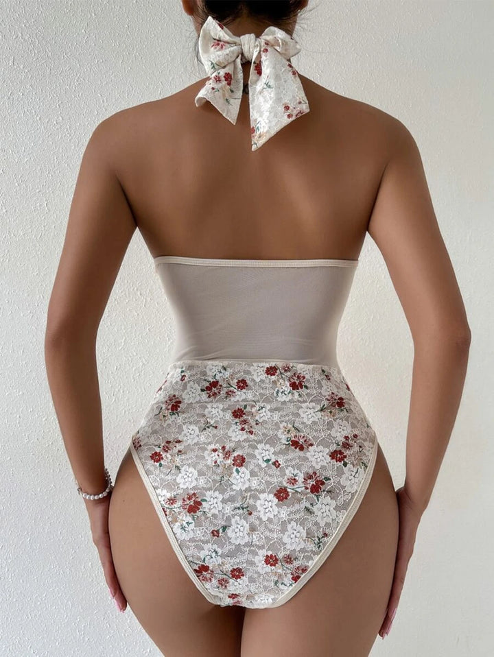 Floral Lace Mesh Panel Tie Backless Halter Bodysuit
