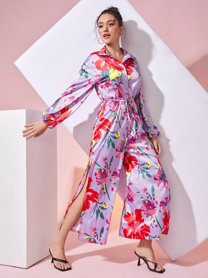 Floral Print Sleeve Belted Jumpsuit