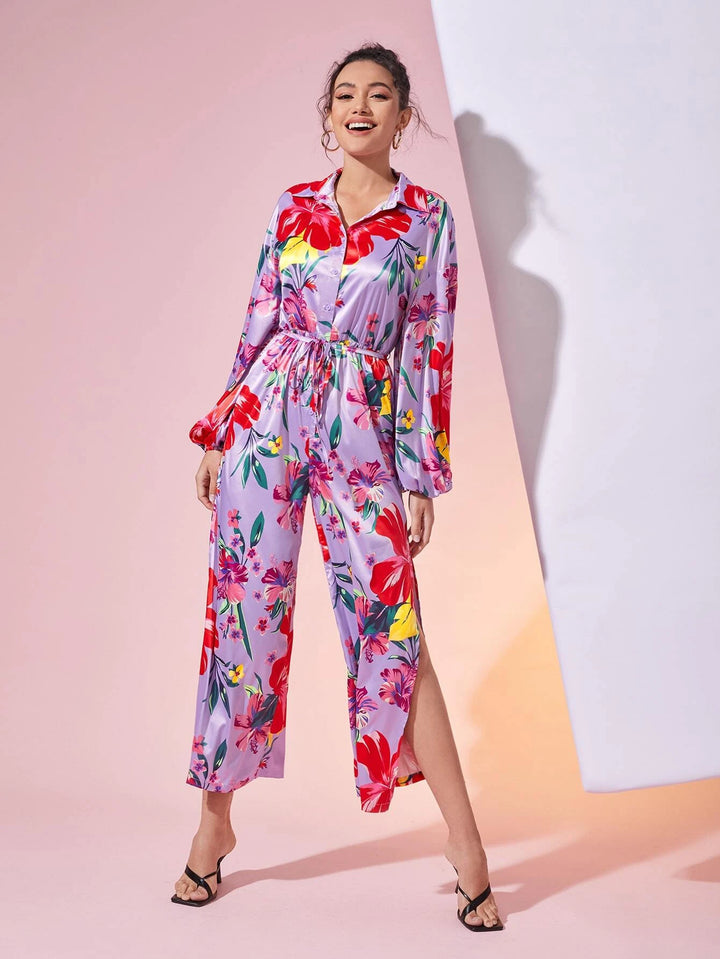 Floral Print Sleeve Belted Jumpsuit