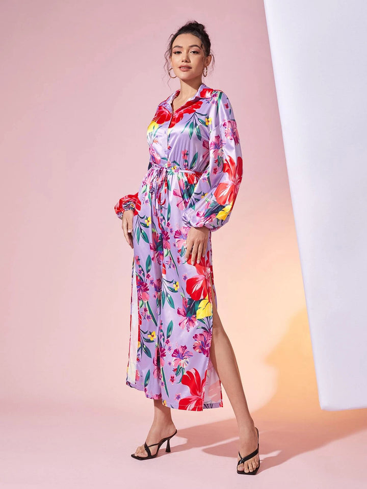 Floral Print Sleeve Belted Jumpsuit