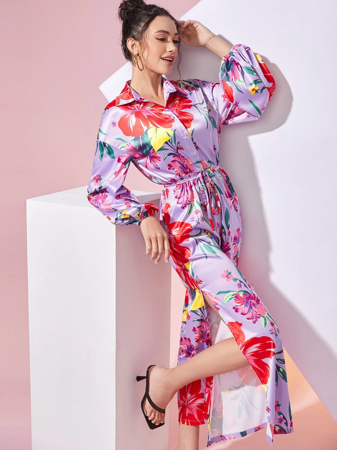 Floral Print Sleeve Belted Jumpsuit