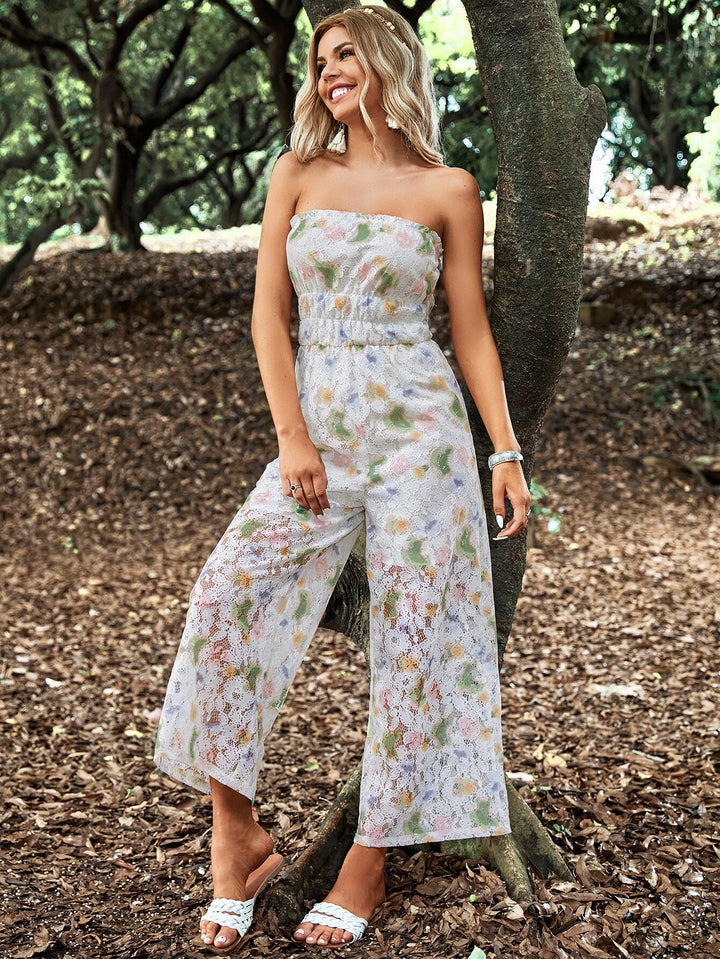 Floral Pattern Lace Tube Jumpsuit