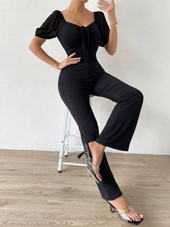 Puff Sleeve Front Flare Leg Jumpsuit