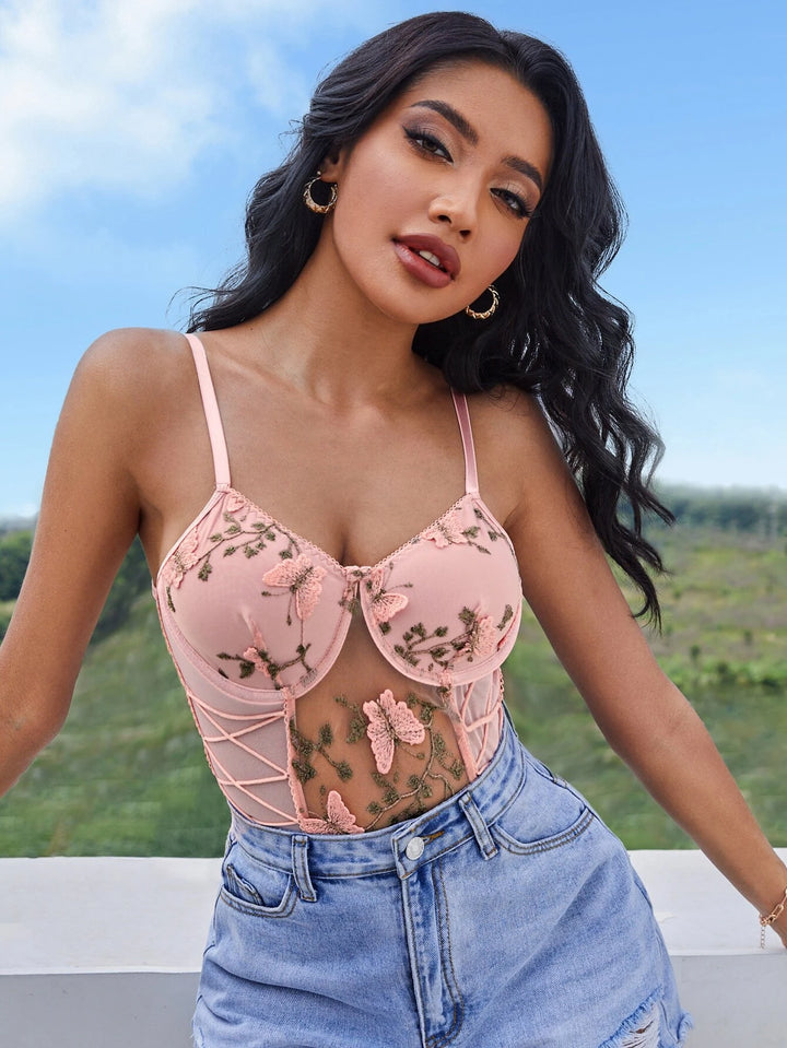 Lace Up Detail Embroidery Mesh Slip Bodysuit