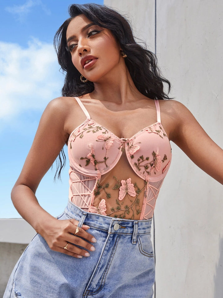 Lace Up Detail Embroidery Mesh Slip Bodysuit