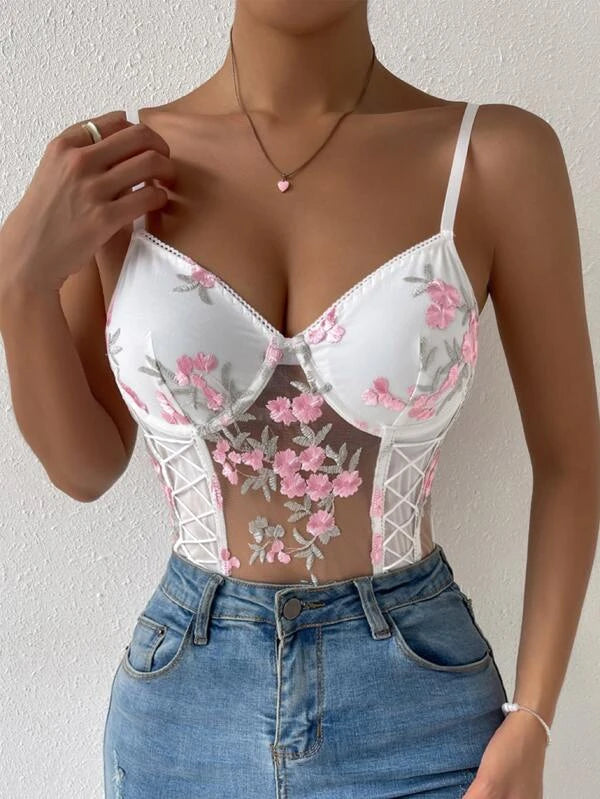 Lace Up Mesh Floral Embroidery Cami Bodysuit Without Thong