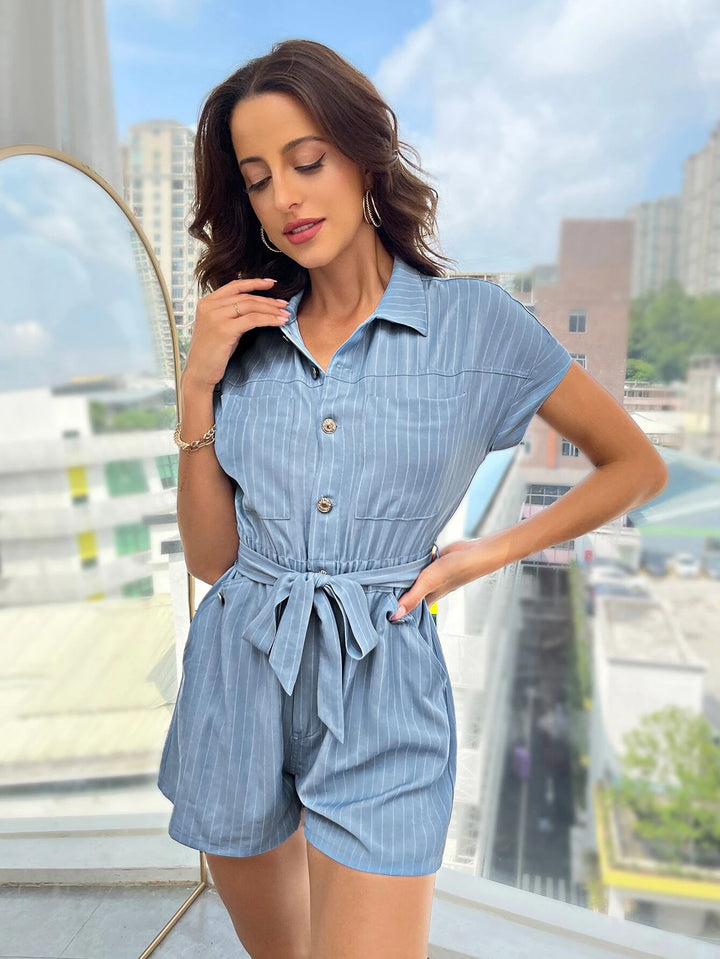 Striped Batwing Sleeve Belted Romper
