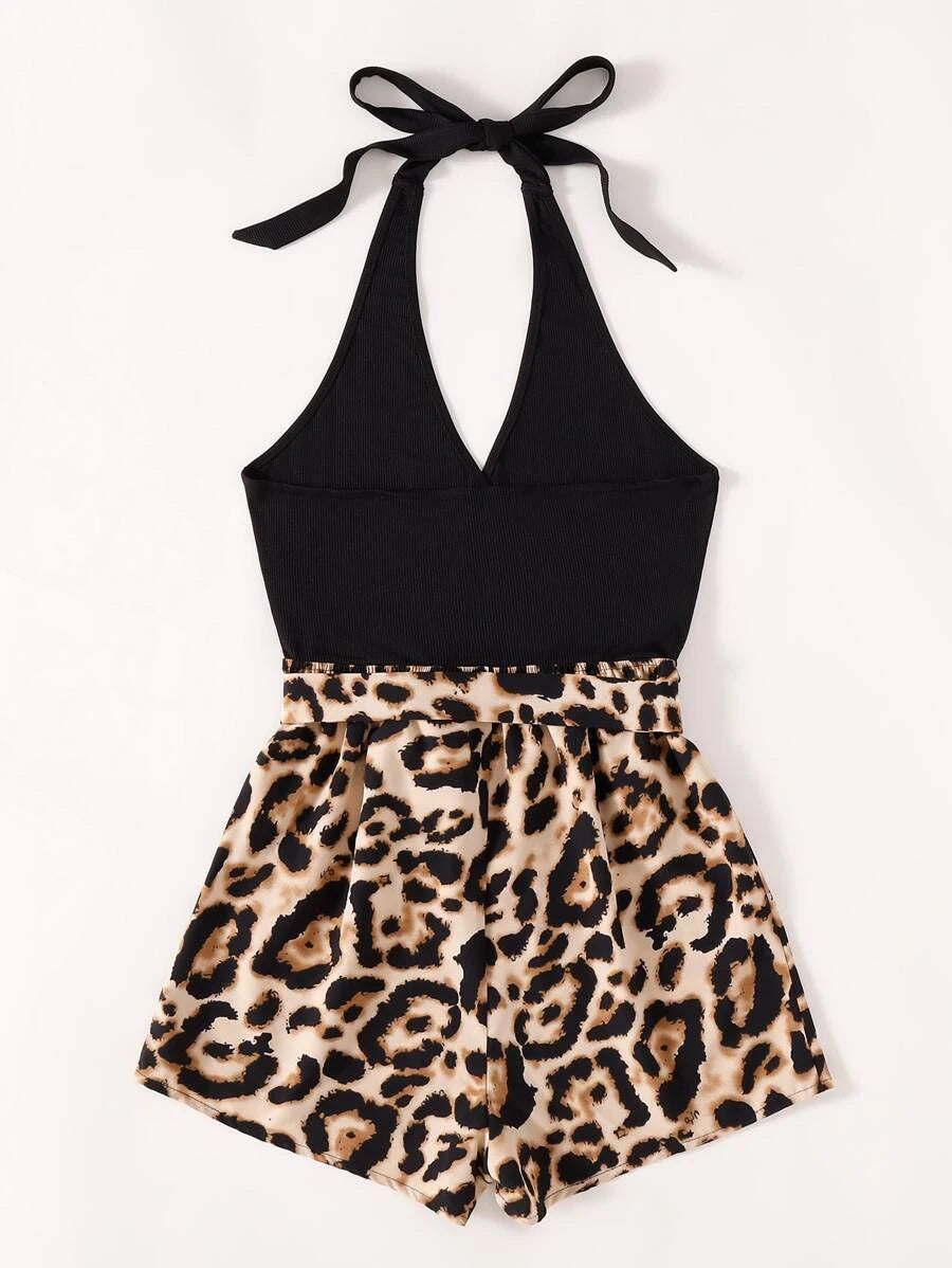 Leopard Tie Backless Halter Romper