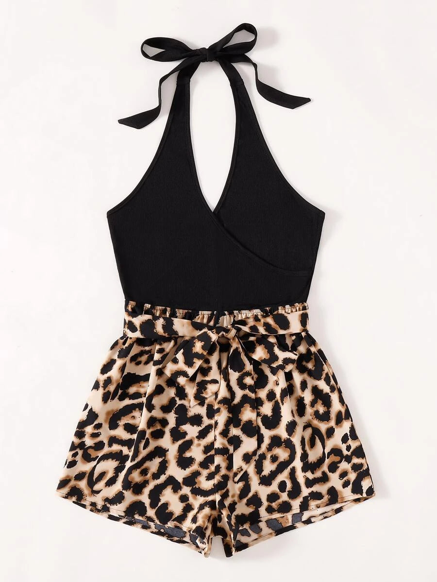 Leopard Tie Backless Halter Romper