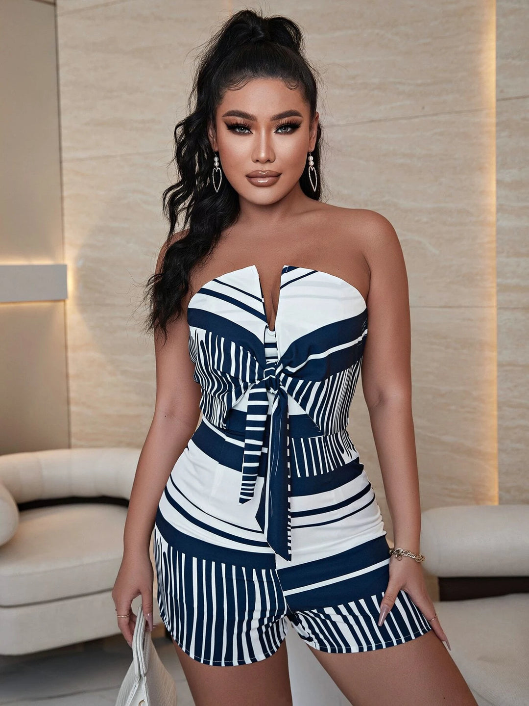 Striped V Knot Front Tube Romper