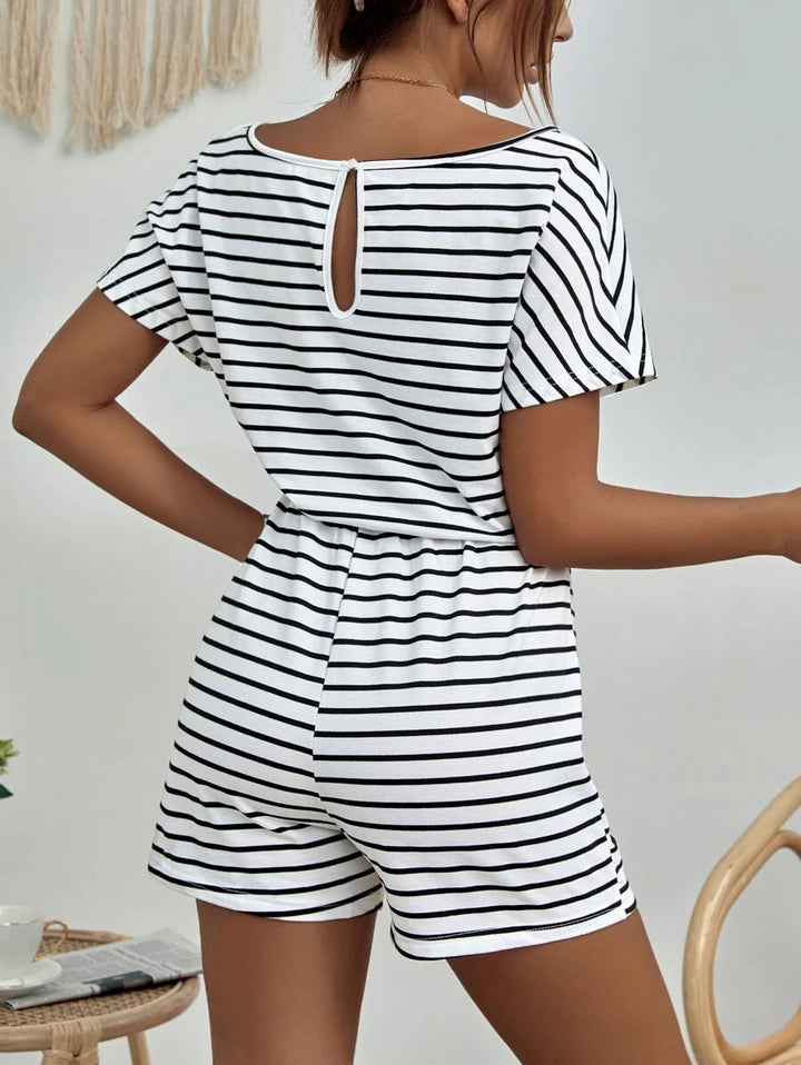 Striped Dolman Sleeve Tie Front Romper