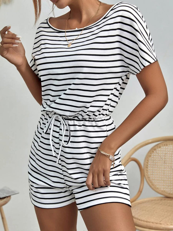 Striped Dolman Sleeve Tie Front Romper