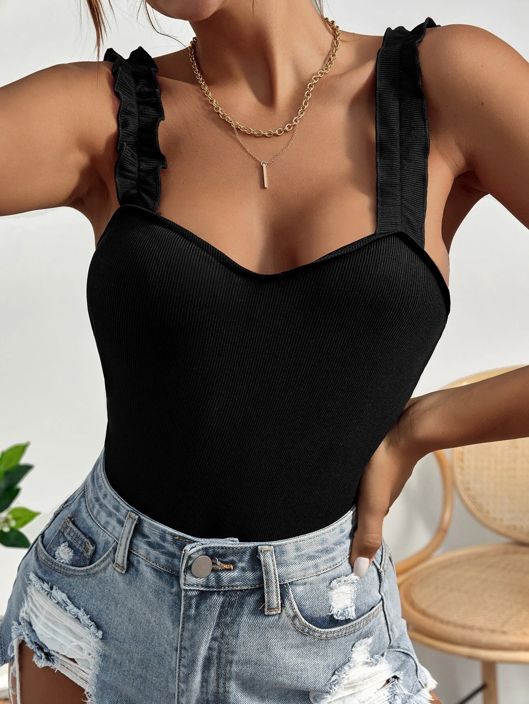 Ribbed Knit Casual Cami Bodysuit