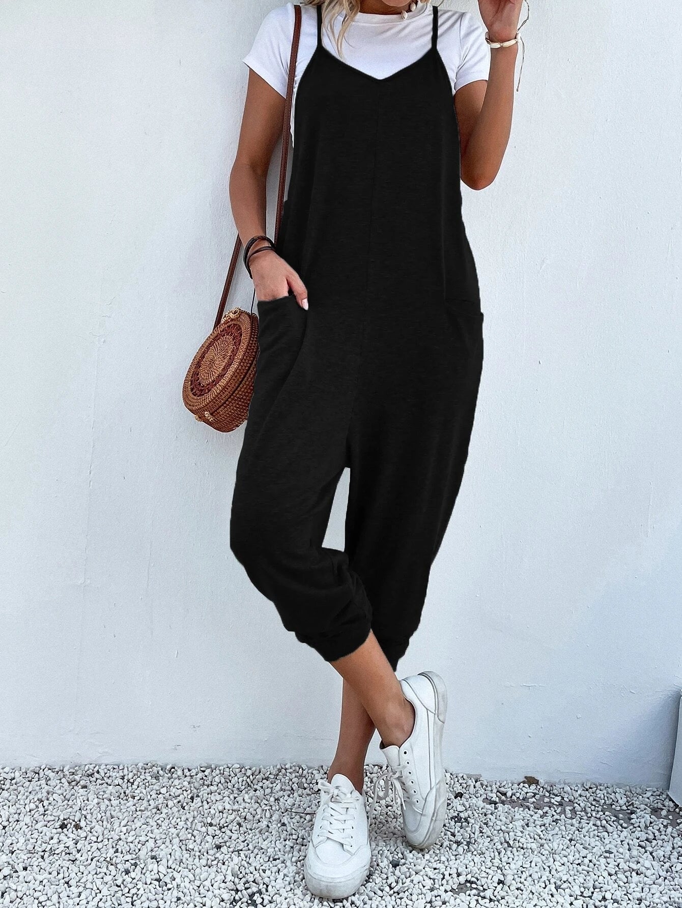 Dual Pocket Keyhole Back Cami Jumpsuit Without Tee#N#– Comfy Jumpsuit