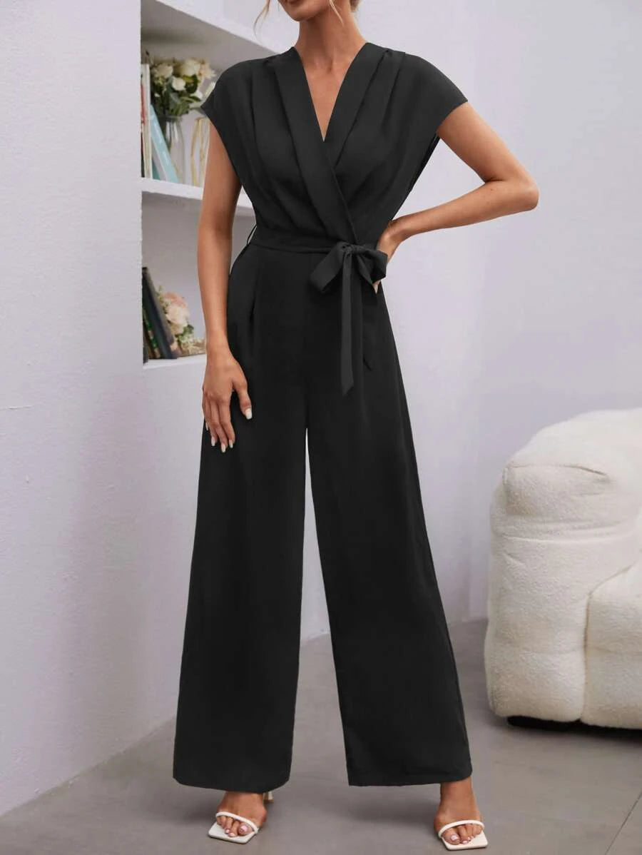 Shawl Collar Batwing Sleeve Belted Jumpsuit