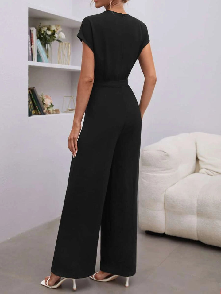 Shawl Collar Batwing Sleeve Belted Jumpsuit