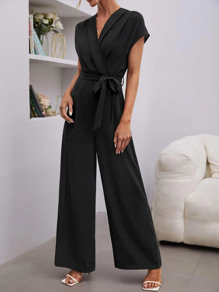 Shawl Collar Batwing Sleeve Belted Jumpsuit