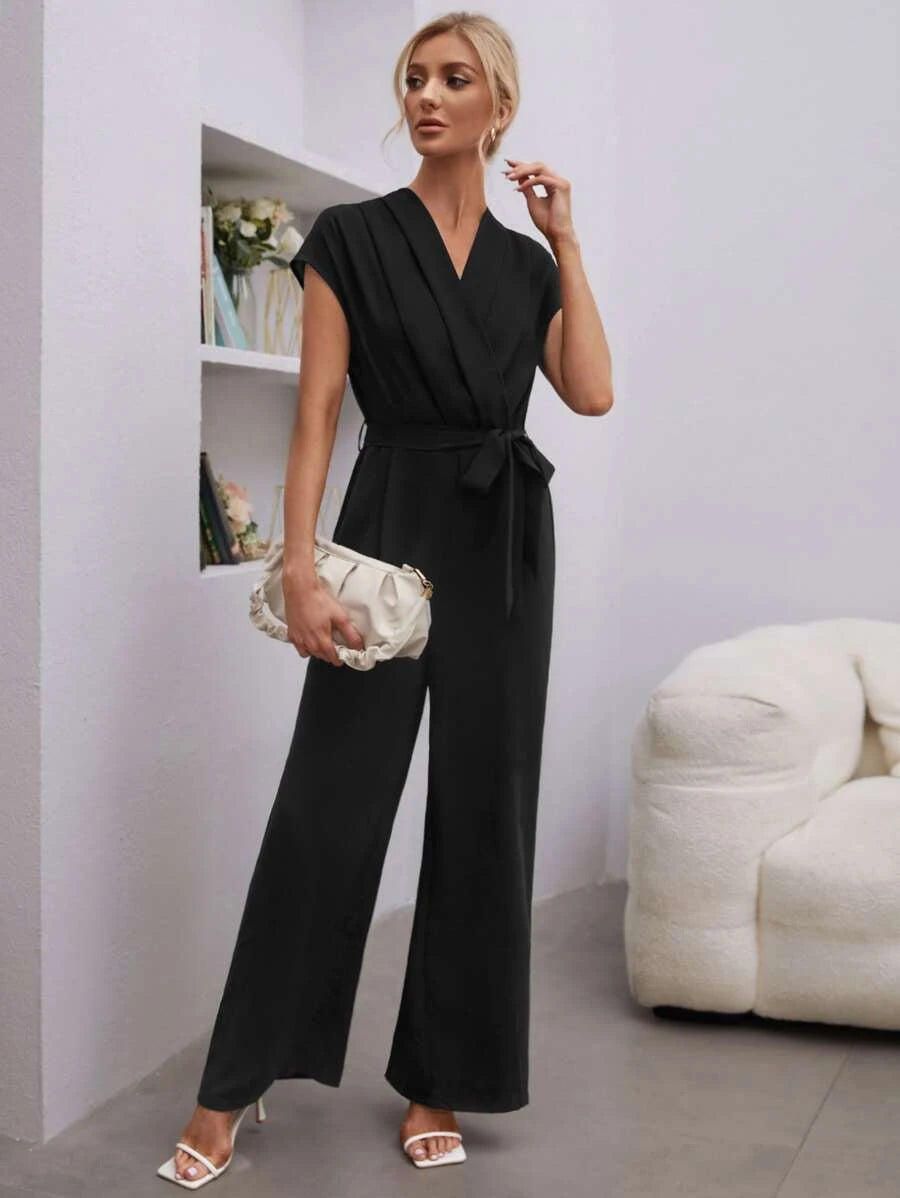 Shawl Collar Batwing Sleeve Belted Jumpsuit